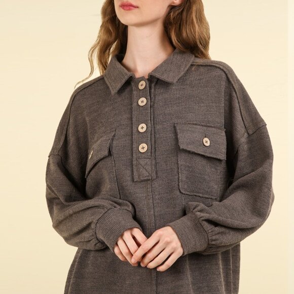 VERY J Charcoal Collared Half Button Knit Top with Pockets - Picture 7 of 7